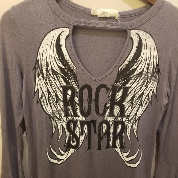 Rock Star Gray Keyhole V Neck Bell Sleeve Graphic - Picture 2 of 5